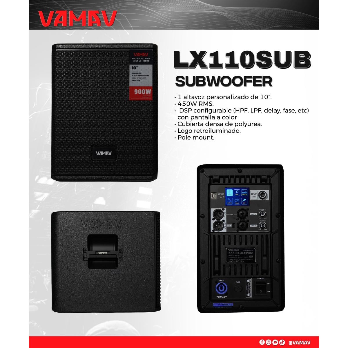 Subwoofer VAMAV LX110S 450 W 10 Pulgadas Dsp Hpf Lpf Delay image number null