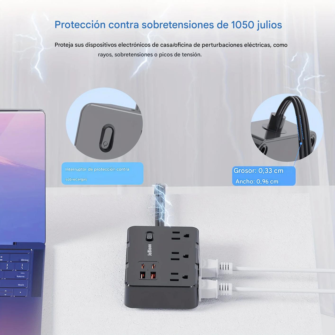 Multi contacto Protector blanco sobretensiones 6 salidas 4 USB adaptador hogar Oficina port&aacute;til image number null
