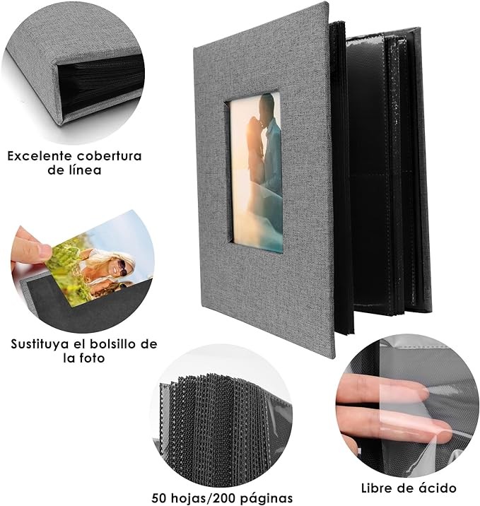 A Album de Fotos Creativo DIY, &Aacute;lbum Grande con Cubierta de Lino, &Aacute;lbum de 100 P&aacute;ginas para Cumplea&ntilde;os, Capacidad para 200 Fotos de 11x15 cm, Regalo de Aniversario para parejas, bodas, familia (Gris). image number null