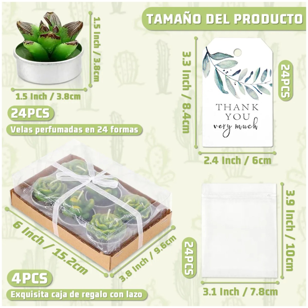 24pcs Velas Decorativas De Cactus Suculentas Verde Con Bolsa image number null