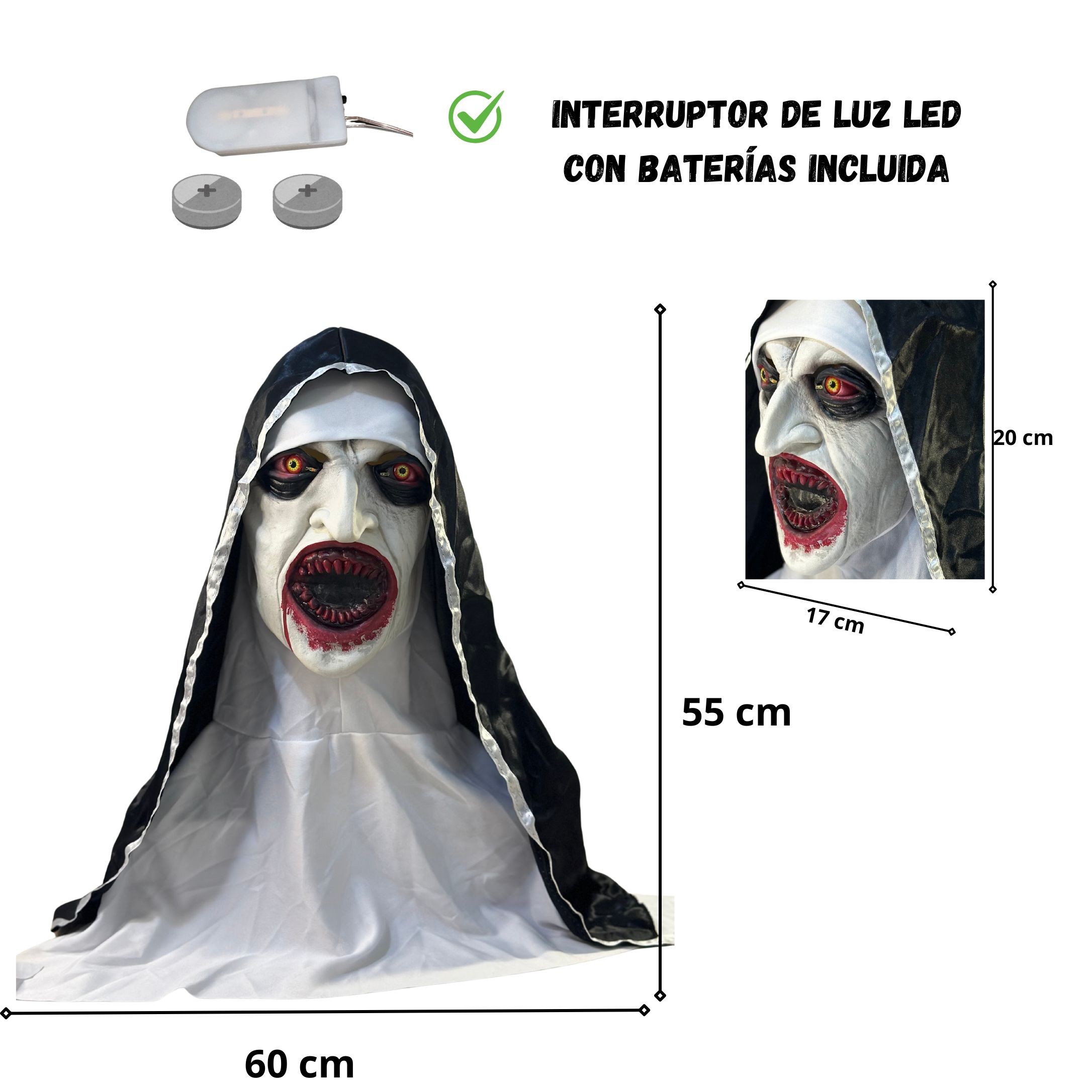 Kit 5 Mascaras La Monja L&aacute;tex Realista con Ojos LED Halloween Adulto Pilas Incluidas Talla &Uacute;nica image number null