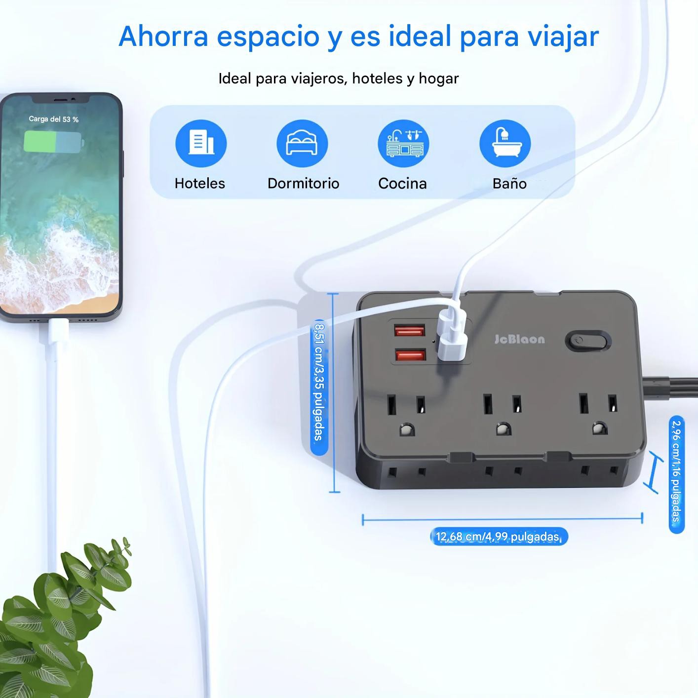 Multi contacto Protector blanco sobretensiones 6 salidas 4 USB adaptador hogar Oficina port&aacute;til image number null