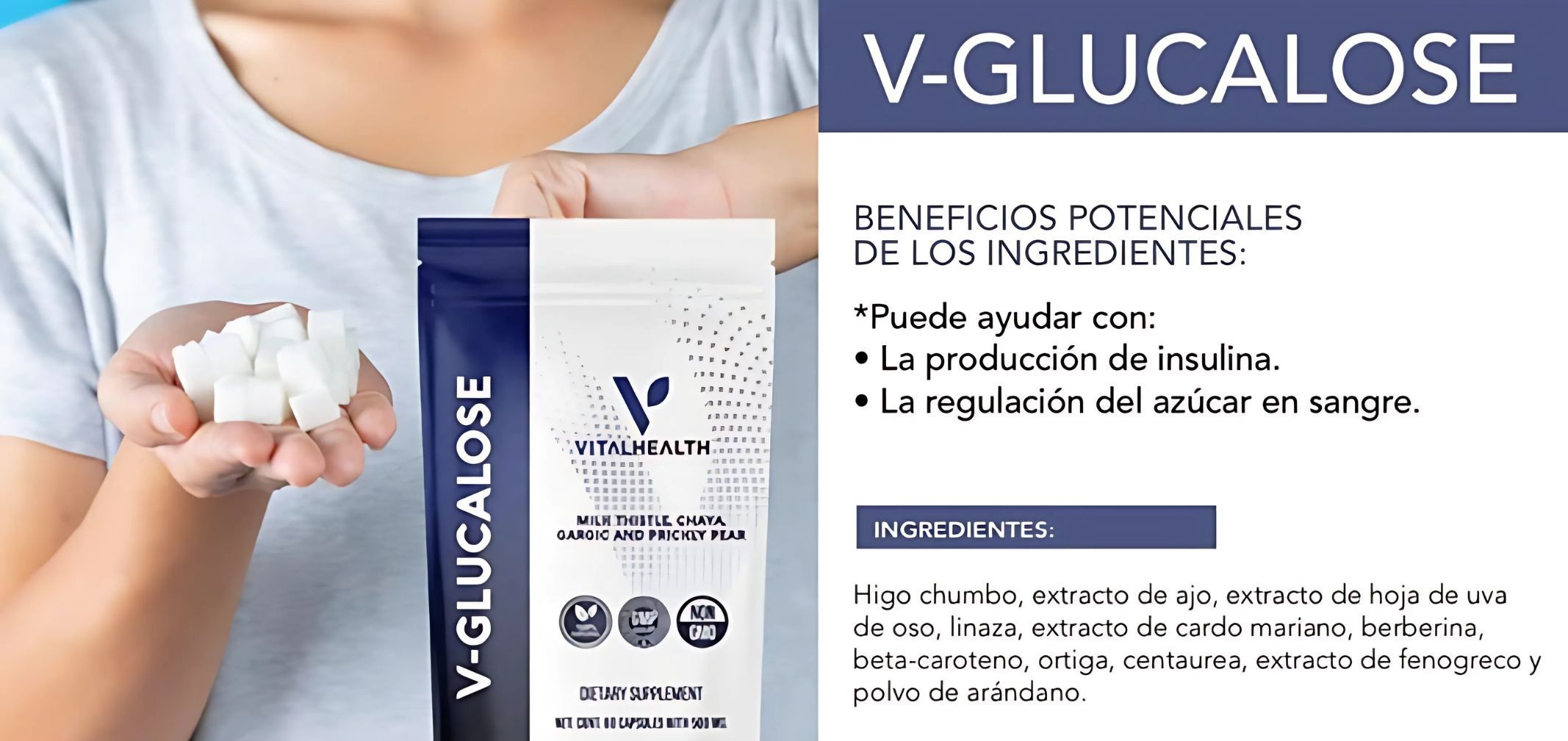 V-Glucalose VitalHealth 60 C&aacute;psulas | Control de az&uacute;car, insulina y metabolismo | Suplemento natural 100% natural NoGMO. image number null