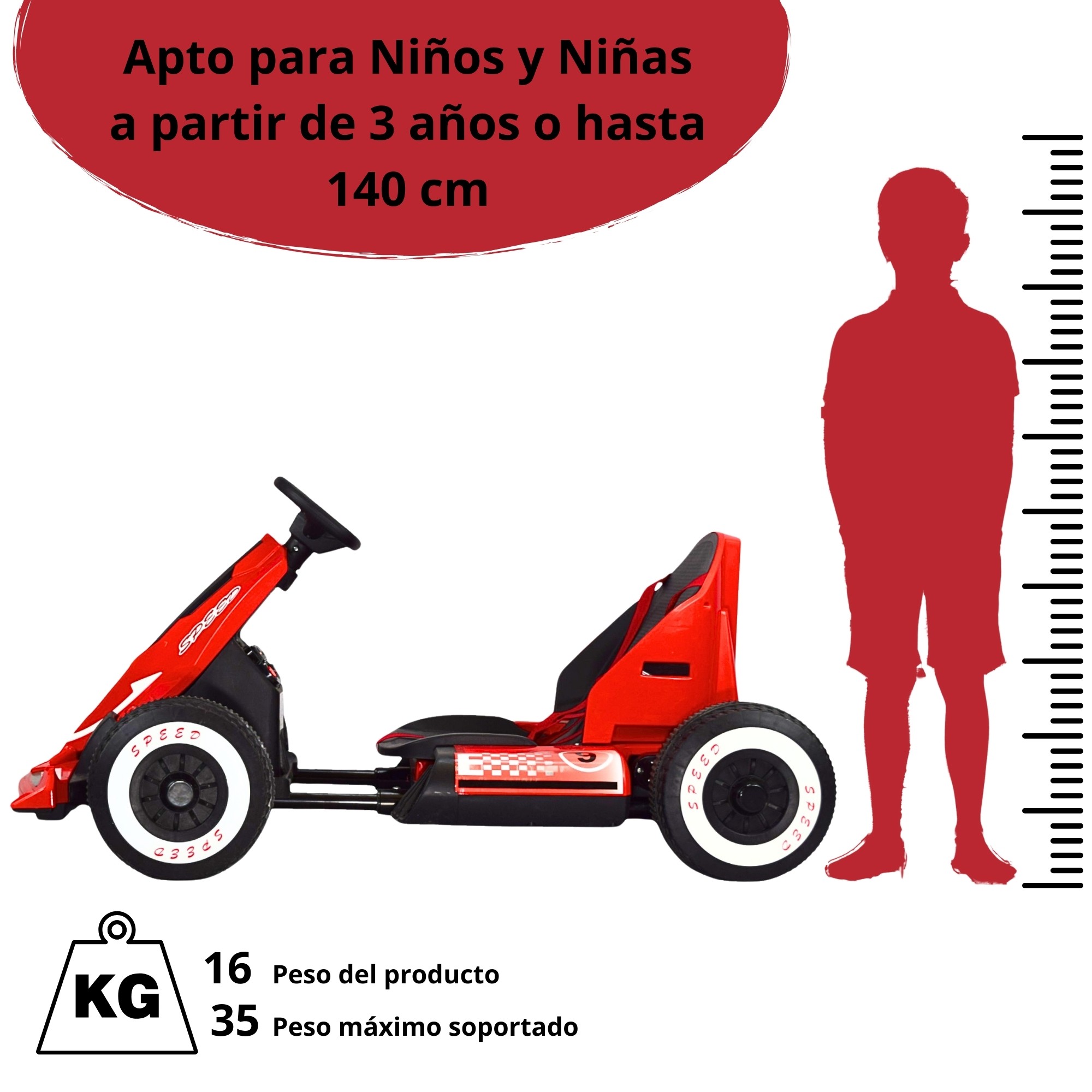 Montable Electrico Go Kart para Ni&ntilde;os Largo Ajustable Luz 12v - Rojo image number null