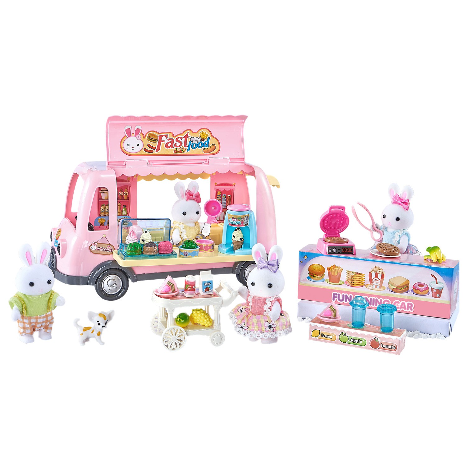 Juguete Casa de Mu&ntilde;ecas Set Camioneta de Comida R&aacute;pida y Helados con Accesorios, Muebles, Mascota y Conejitos Incluidos image number null