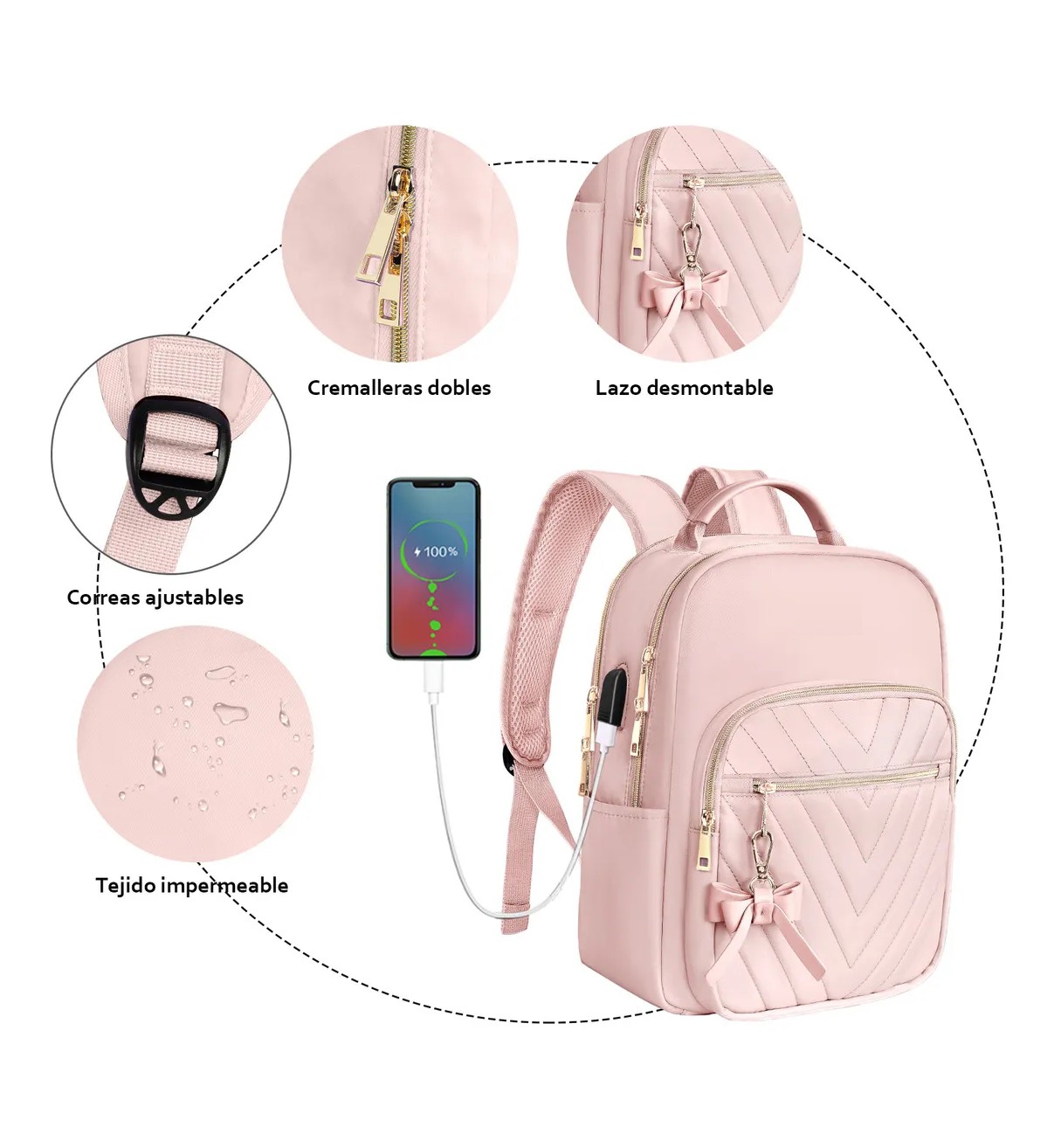 Mochila de Mujer Escolar de Moda Impermeable y Antirrobo Rosa Bloosom image number null