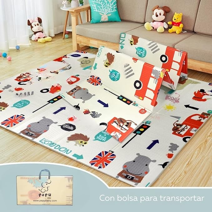 A PAPU BABY Tapete de Juego Plegable 1.50 x 2.00 para Beb&eacute;s Doble Vista Baby Play Mat (Carretera). image number null