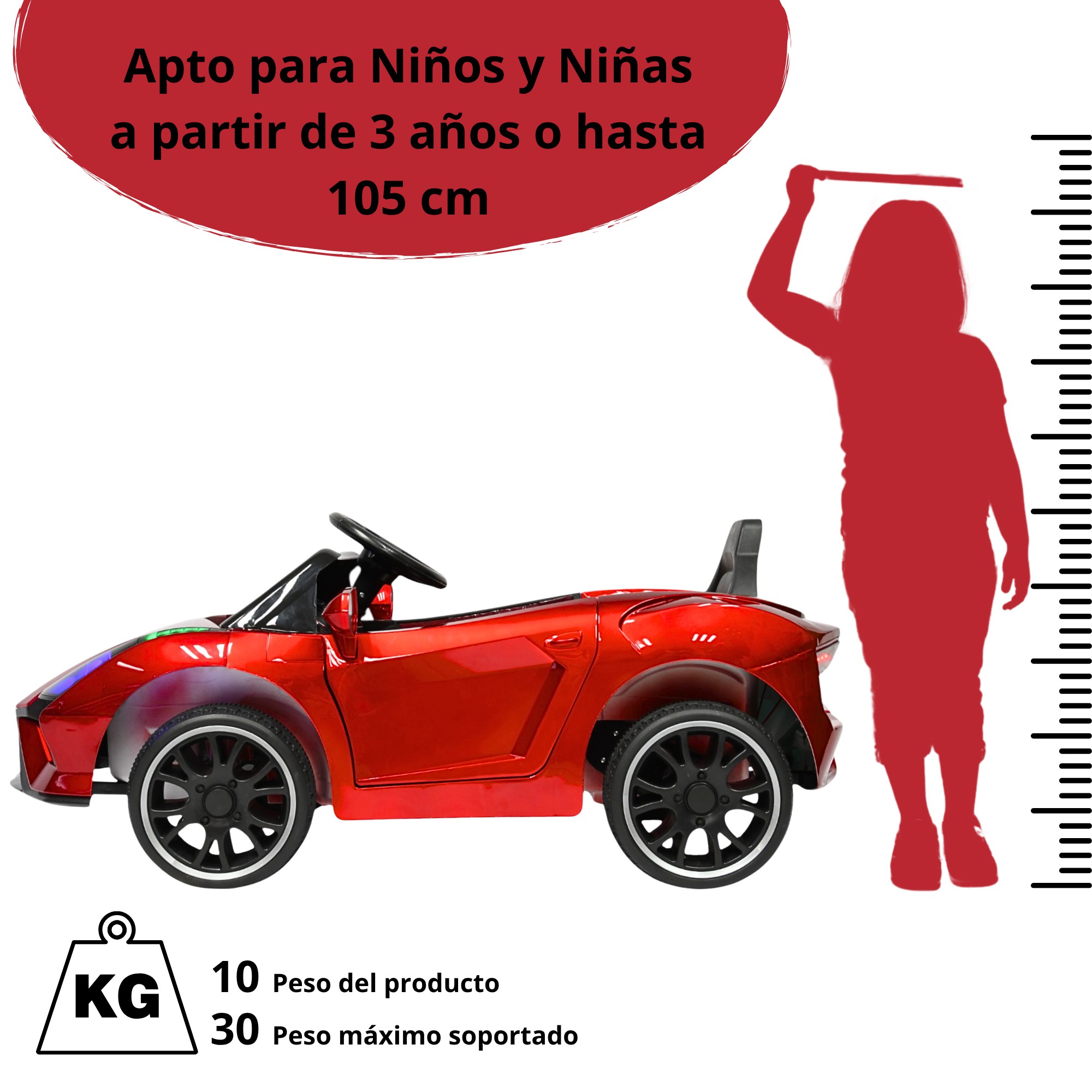 Montable Electrico para Ni&ntilde;os Carro Deportivo Bluetooth Luz Led Control Remoto 12v - Rojo image number null