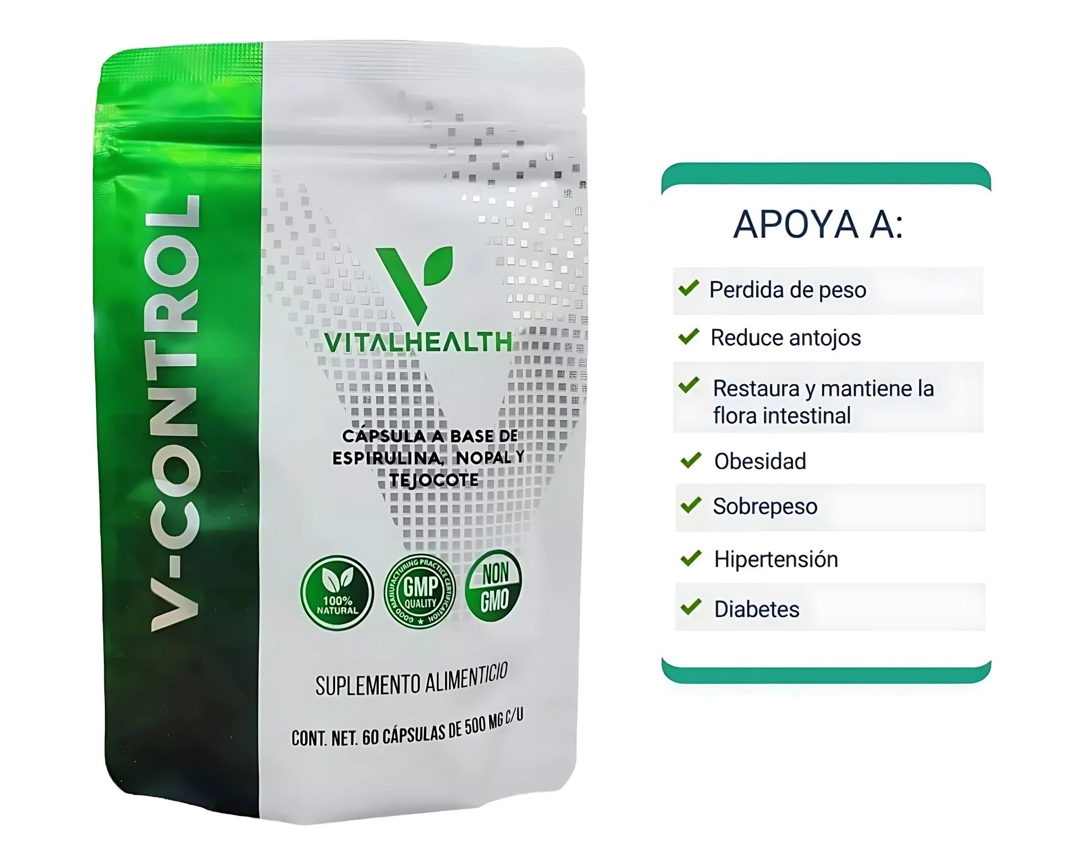 V-Control VitalHealth 60 C&aacute;psulas | Suplemento Natural para Control de Peso Metabolismo y Energ&iacute;a | F&oacute;rmula PremiumExtra image number null