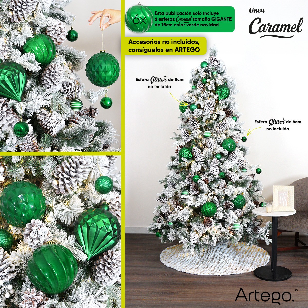 Esferas para &aacute;rbol de navidad Artego extra grandes de 15 cm paq 6 esferas Verde Navidad * L&iacute;nea Caramel 3 texturas image number null