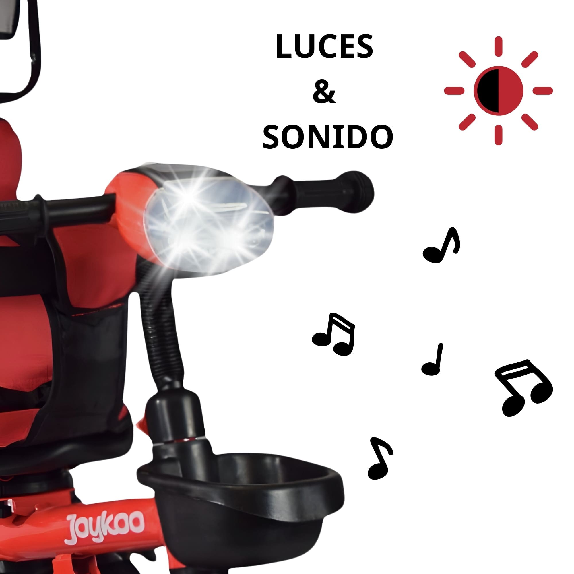 Triciclo Evolutivo para Ni&ntilde;os Giratorio 360 con Luz y Sonido Ruedas de Eva Toldo y Bast&oacute;n de Empuje - Rojo image number null