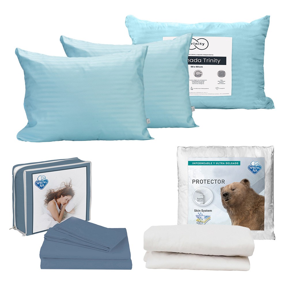 Protector de Colch&oacute;n UltraSoft Spring Air Queen Size + S&aacute;banas Basic Azul Acero + 2 Almohadas Trinity image number null