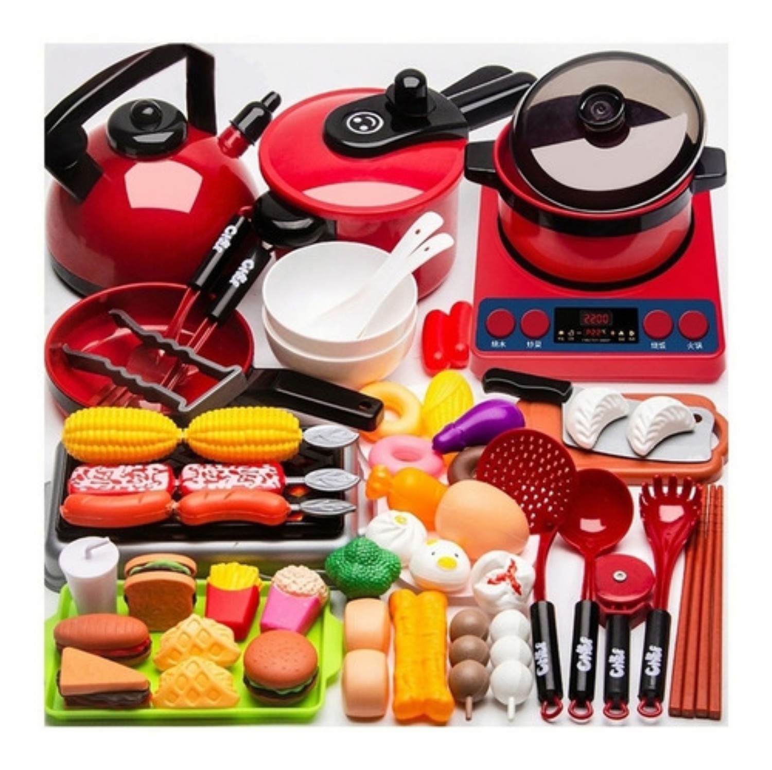 Juguetes De Cocina Para Ninos Utensilios Cocina Comida 61 Pz Rojo image number null