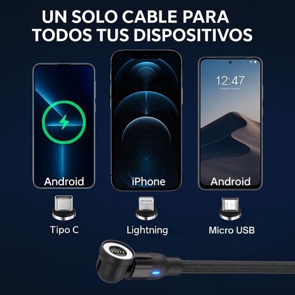 Cable Magn&eacute;tico 3 en 1 con LED y Conector Giratorio 540&deg; &ndash; Pack 2 Piezas image number null