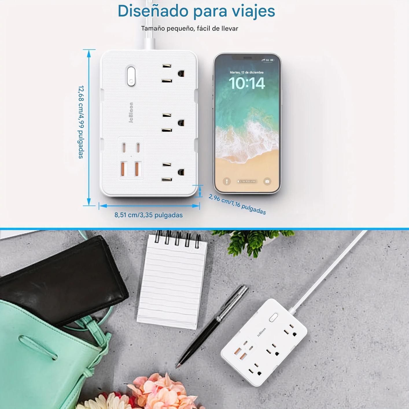 Multi contacto Protector blanco sobretensiones 6 salidas 4 USB adaptador hogar Oficina port&aacute;til image number null