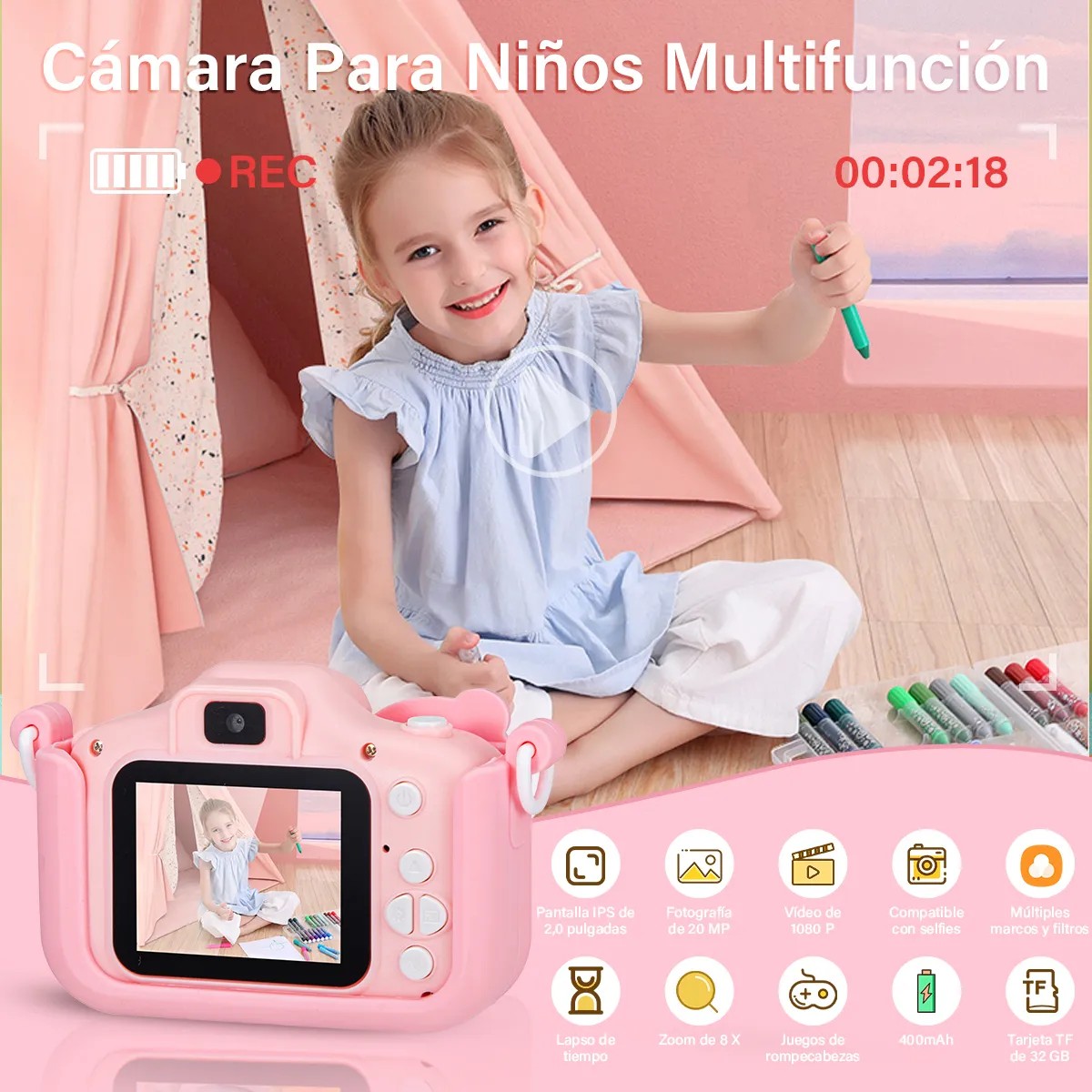 C&aacute;mara Digital Para Ni&ntilde;os Hd De Doble Lente 1080p+32gb Rojo image number null