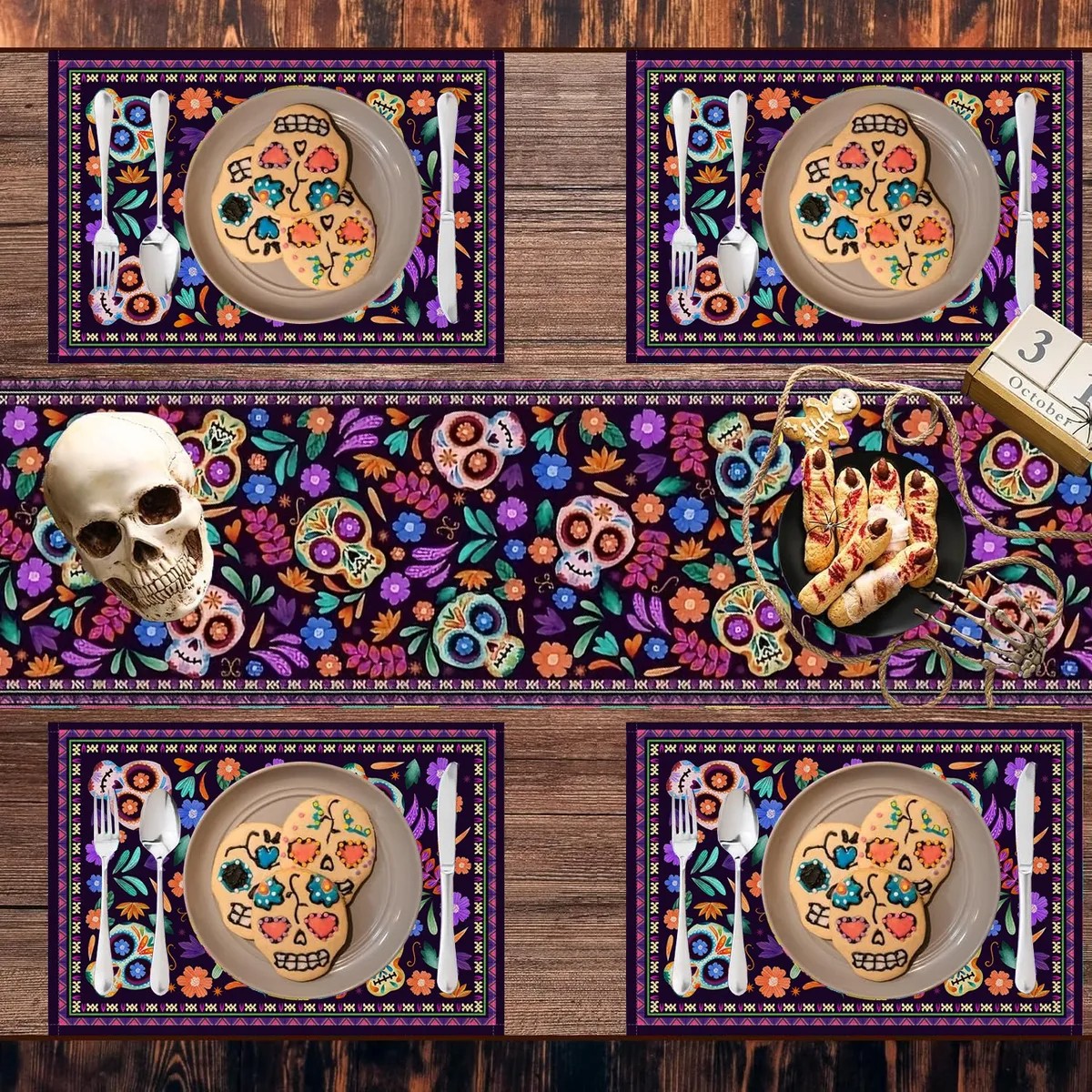 Camino De Mesa De D&iacute;a De Muertos + 4 Manteles Individuales image number null