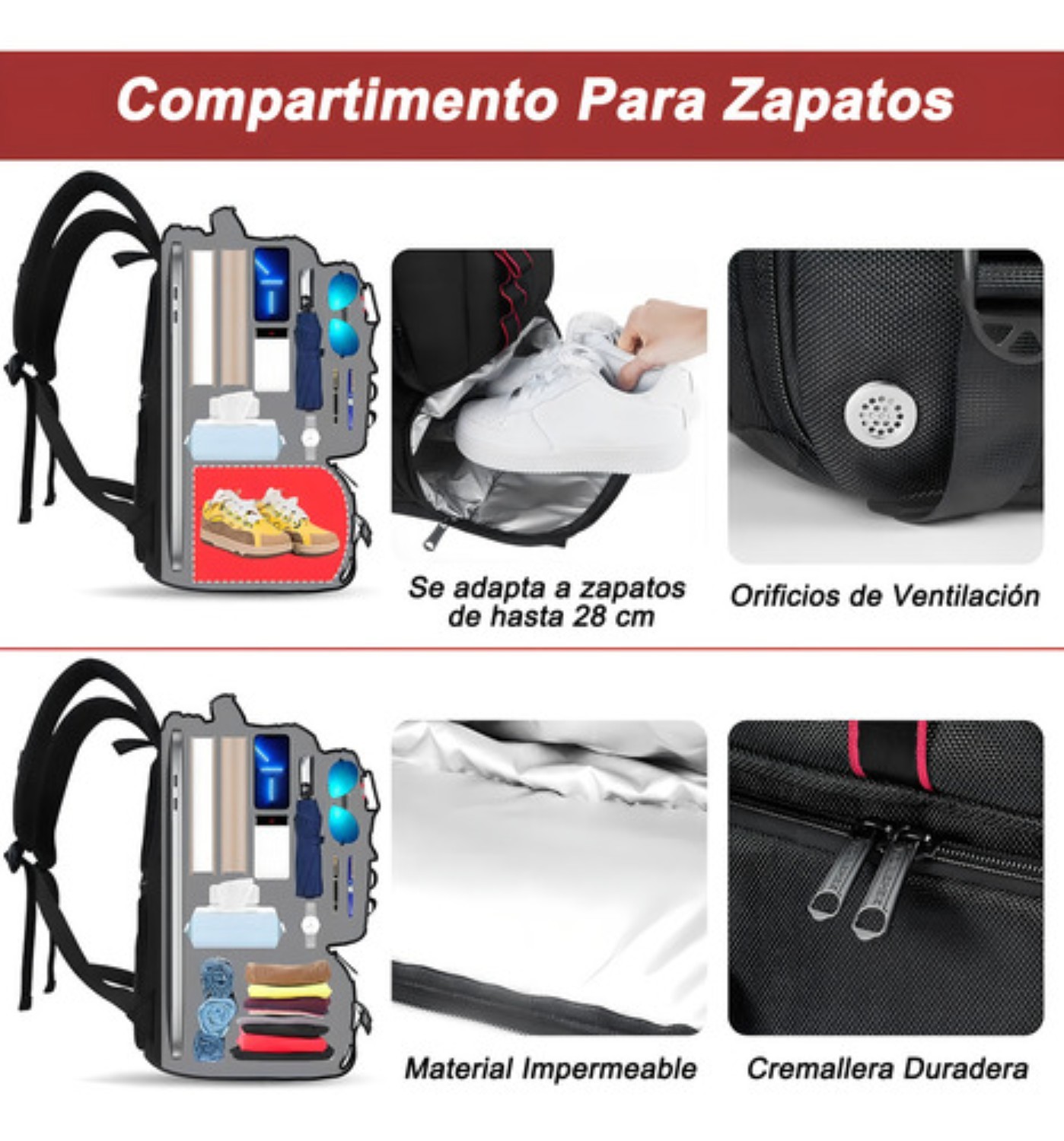 Mochila Gym Con Compartimento Para Zapatos Negro image number null