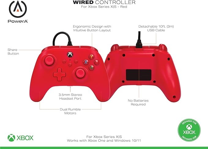 Mando con cable PowerA para Xbox - Rojo, gamepad, controlador para videojuegos cableado, controlador para juegos, image number null