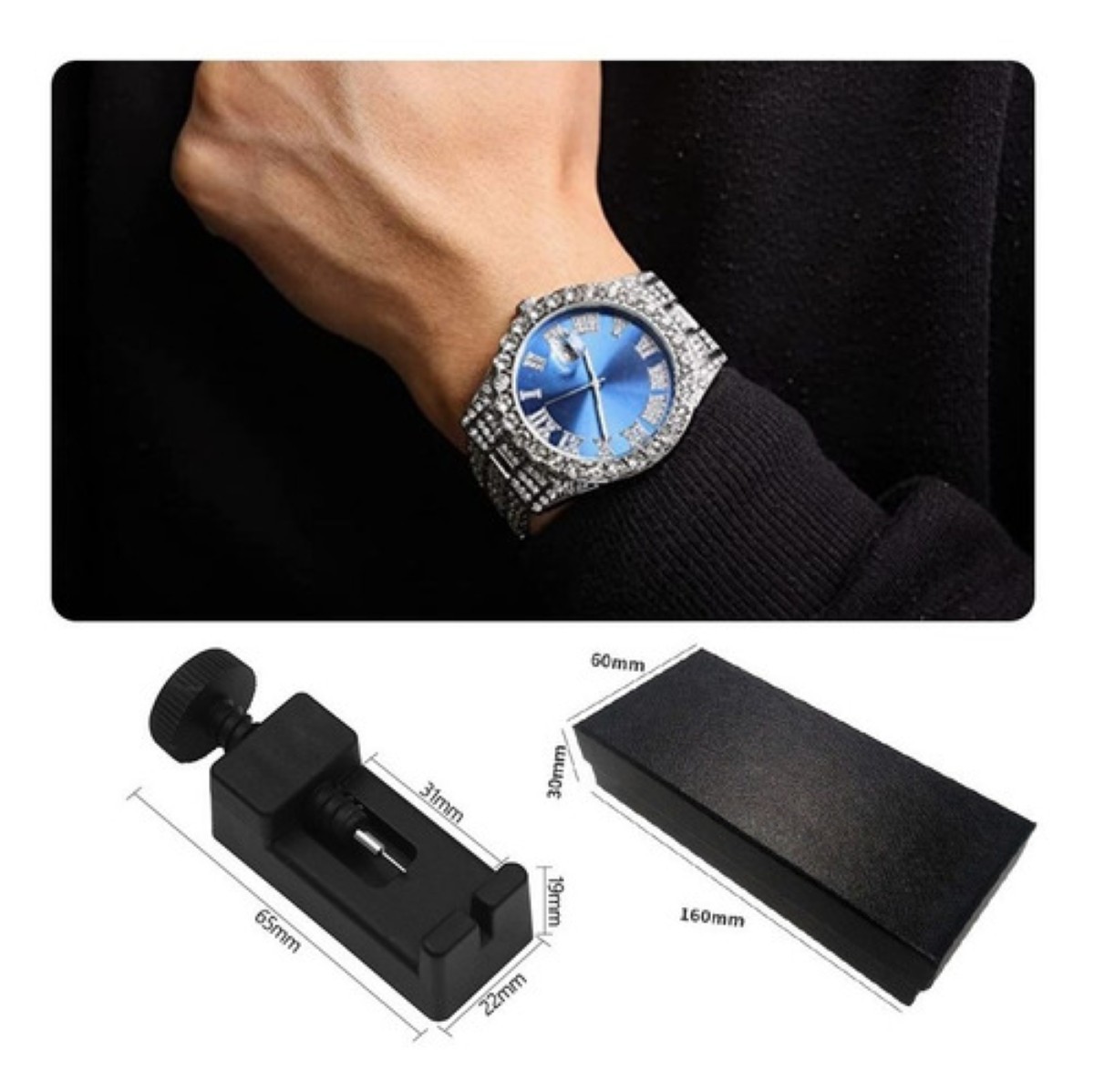 "Reloj De Pulsera De Lujo Con Diamantes Y Brazalete, Unisex Azul Plata " image number null