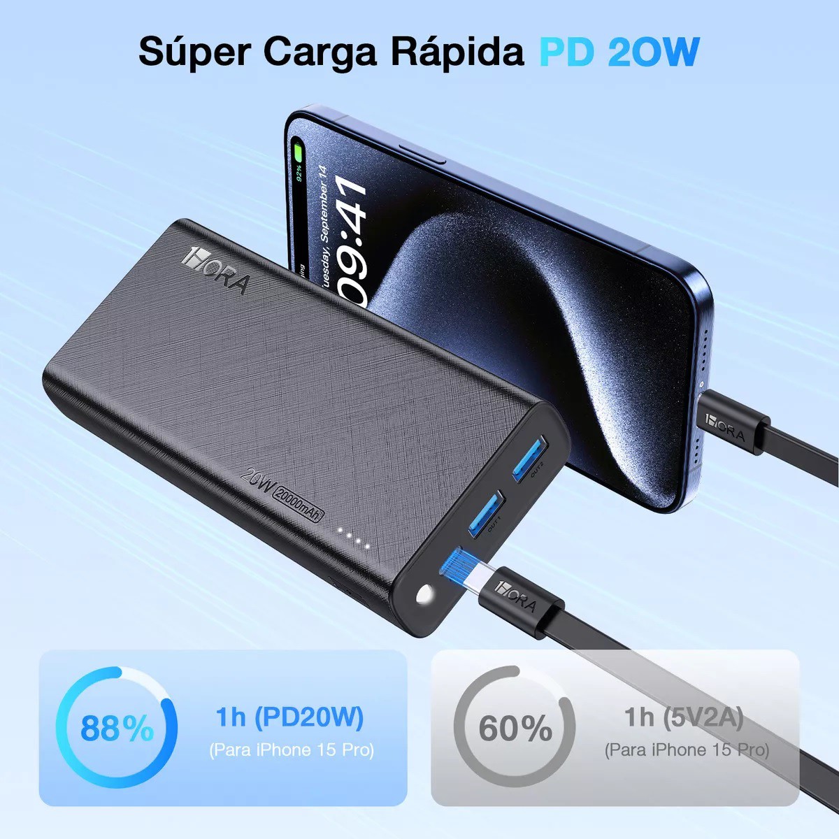 Power Bank Bater&iacute;a Port&aacute;til 20000mah Pd 20w Carga R&aacute;pida Con 2 Puertos negro. image number null