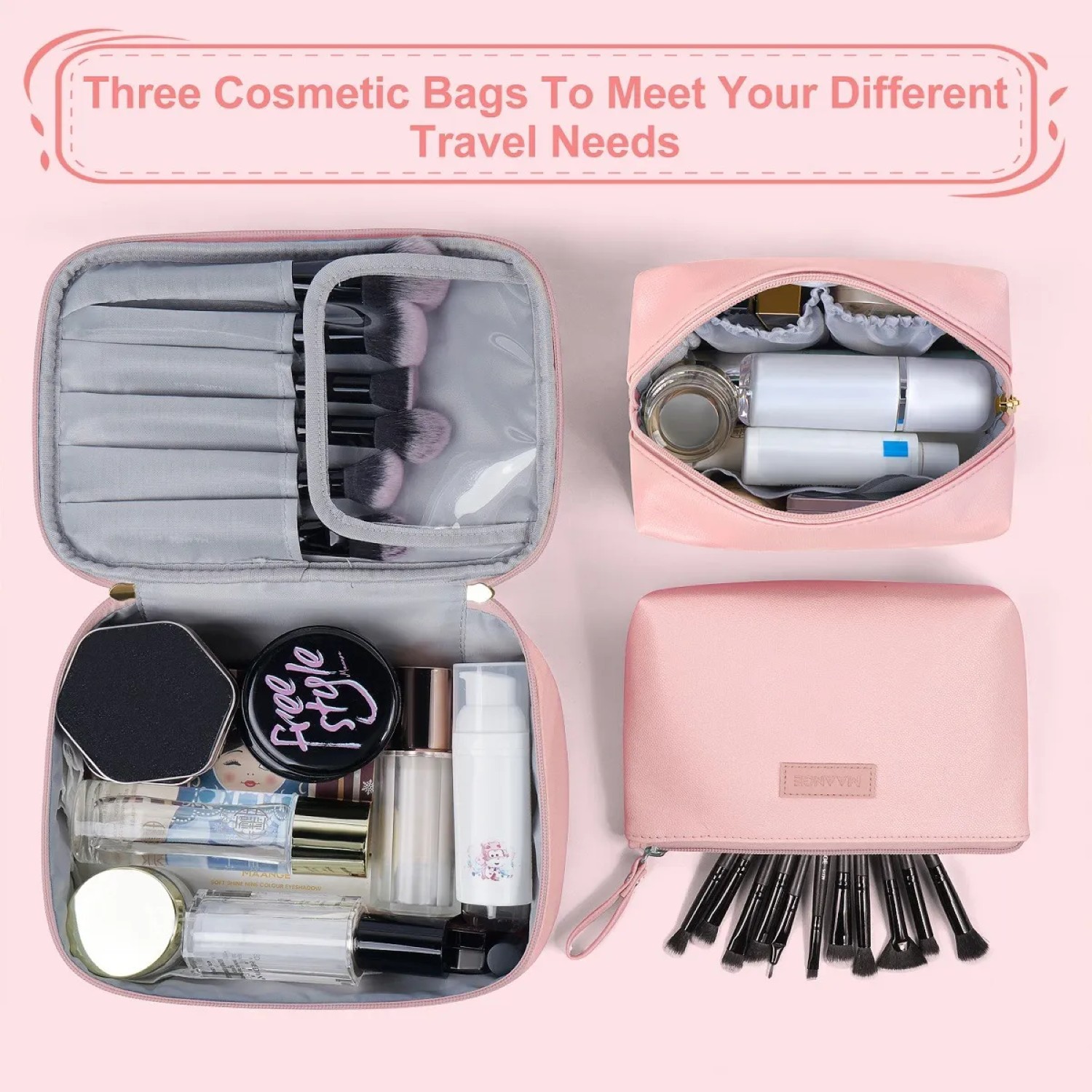 3pcs Cosmetiquera Neceser Estuches De Maquillaje Bolsa Viaje Rosa image number null