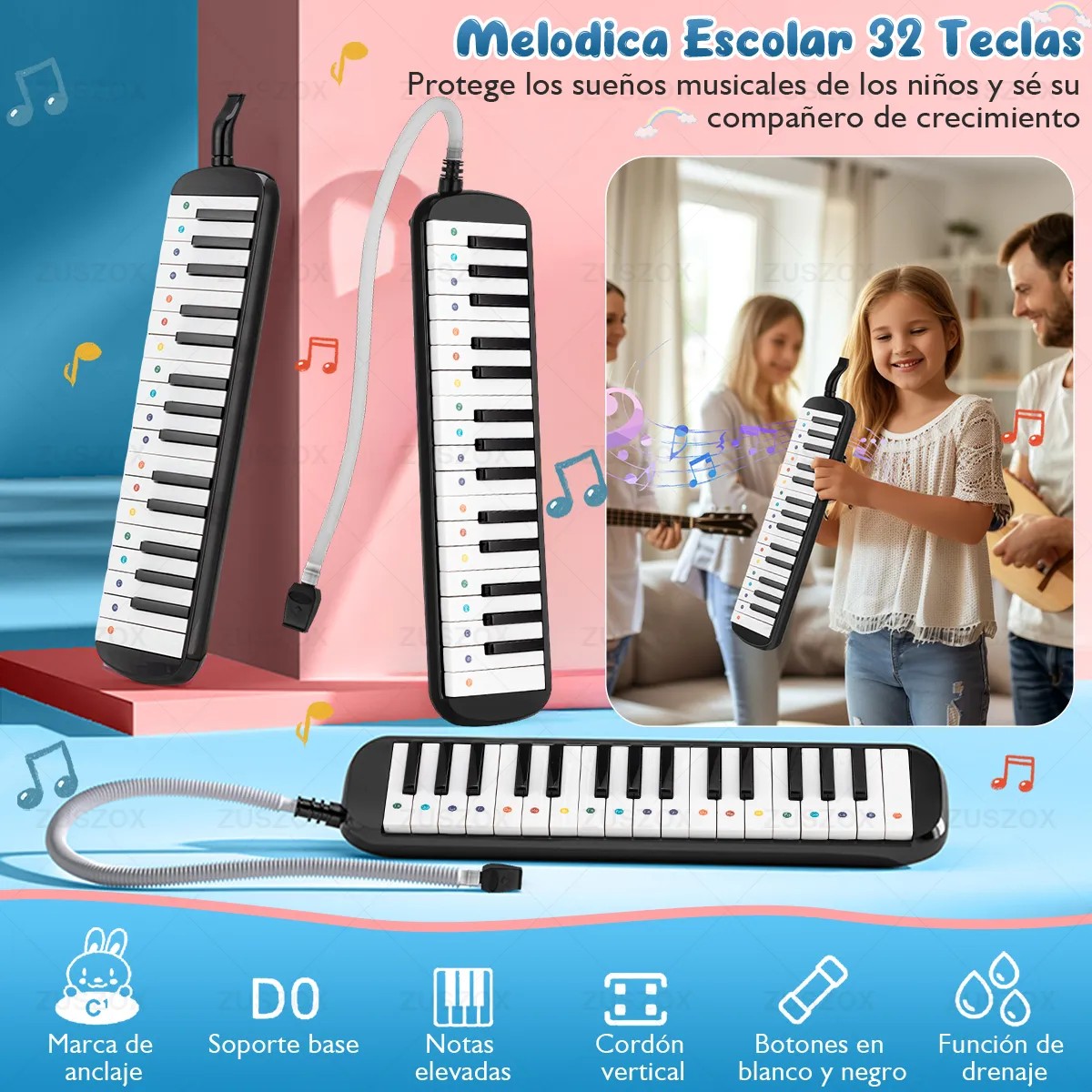 Melodica Portatil 32 Teclas Teclado Piano para Ni&ntilde;os Peque&ntilde;os con Boquilla y Estuche Color Negro image number null