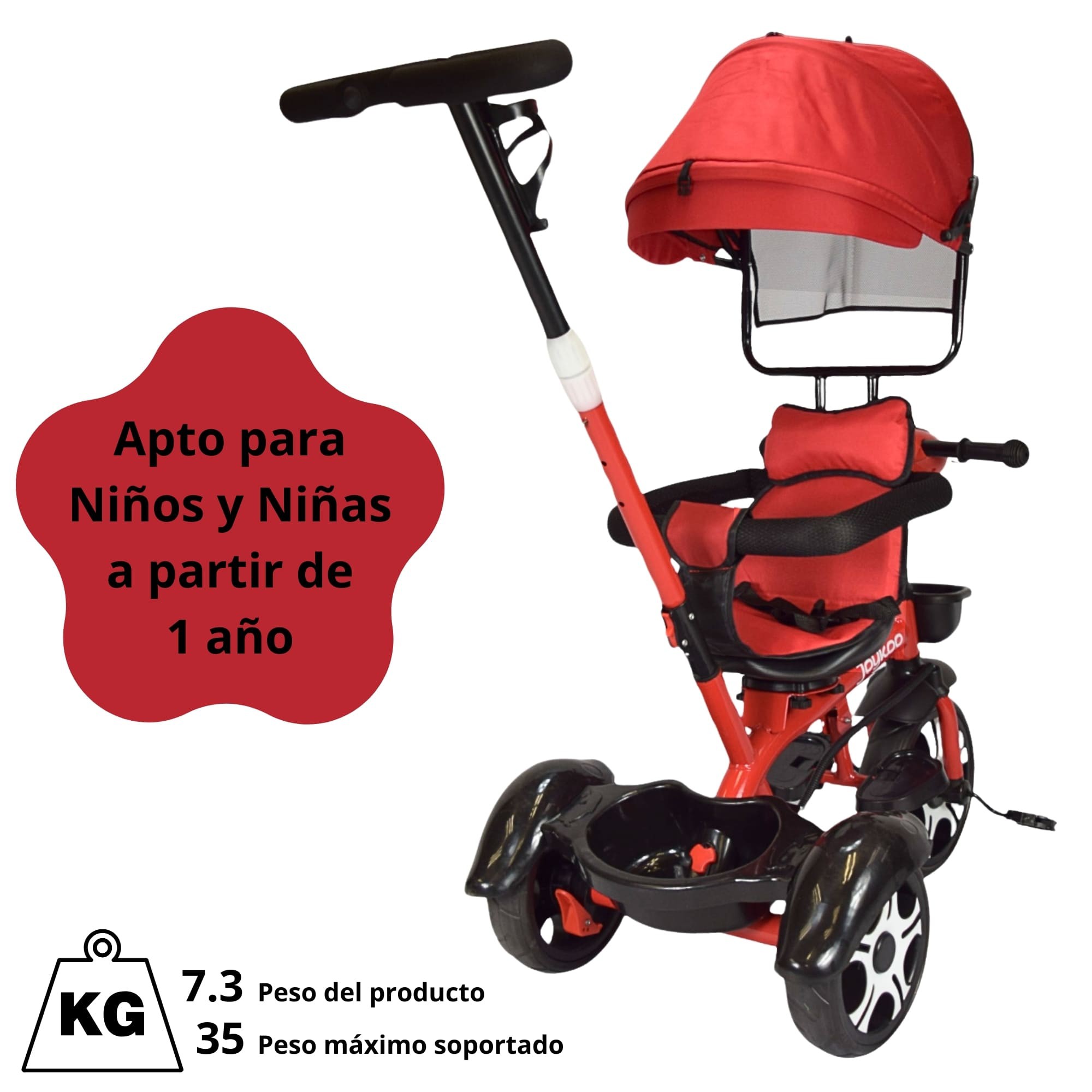 Triciclo Evolutivo para Ni&ntilde;os Giratorio 360 con Luz y Sonido Ruedas de Eva Toldo y Bast&oacute;n de Empuje - Rojo image number null