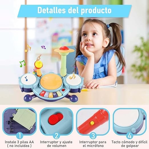 RUBOQE Juguetes de Instrumentos Musicales, Bater&iacute;a Infantil con Baquetas, Teclado de Piano y Micr&oacute;fono, Desarrollar El Talento Musical de los Ni&ntilde;os, Regalo Perfecto para Ni&ntilde;os y Ni&ntilde;as de 3 A&ntilde;os. image number null