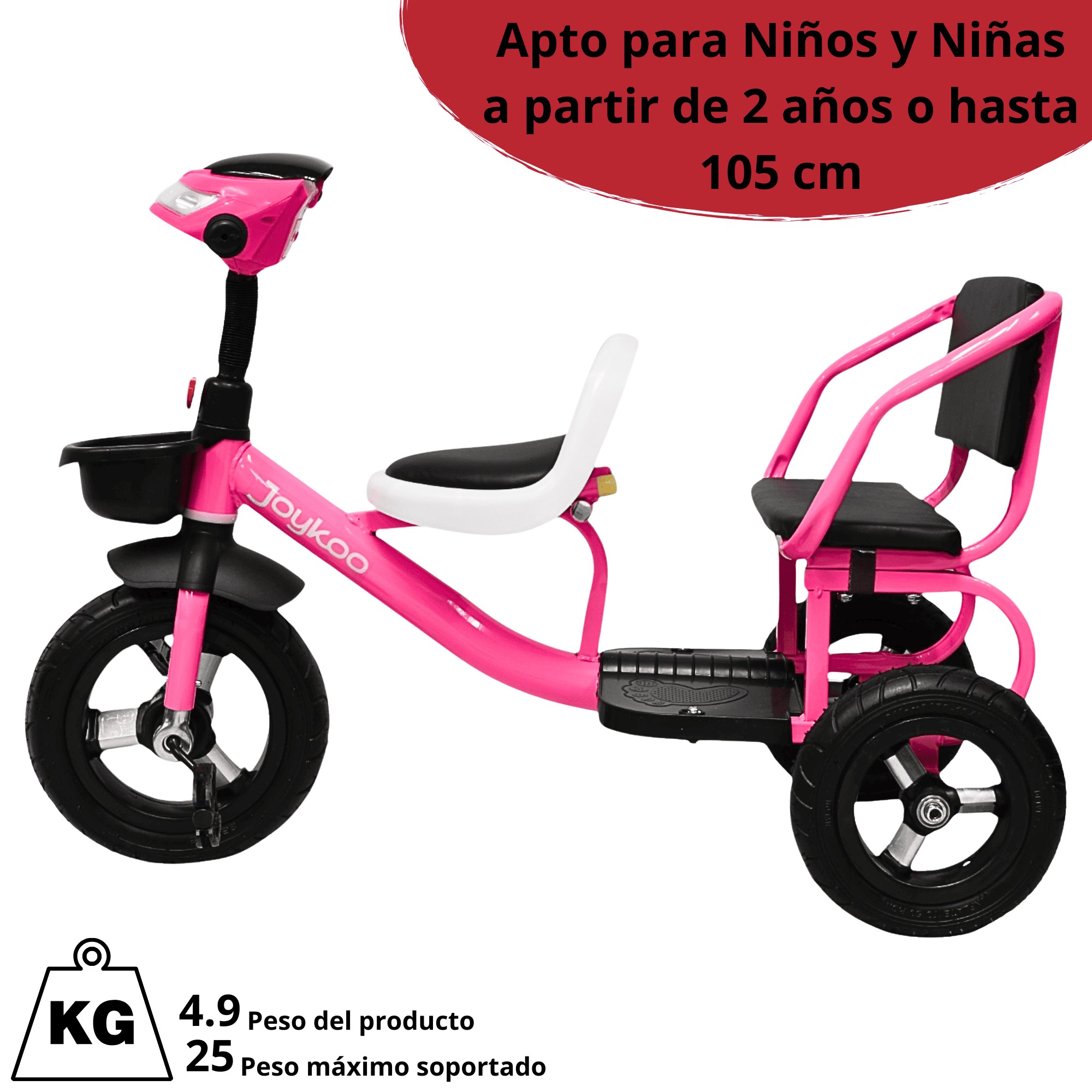 Triciclo para Ni&ntilde;os Dos Asientos Torreta con Luz y Sonido Ruedas de Goma Apto a partir de 2 A&ntilde;os - Rosa image number null