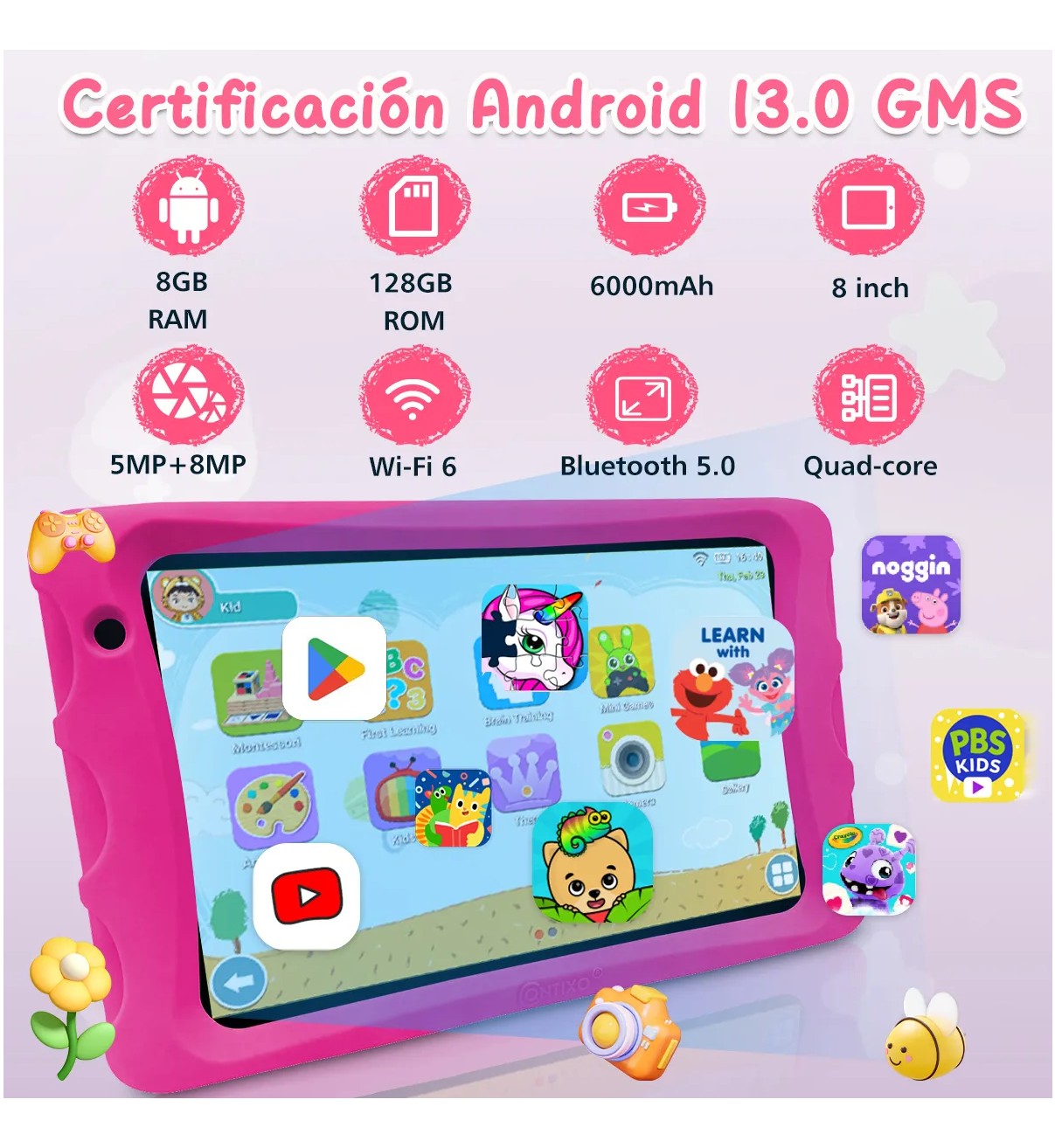 Tablet Con Funda Ni&ntilde;os 8hd 32gb Rosa 3gb Memoria Ram Rosa Malubero image number null