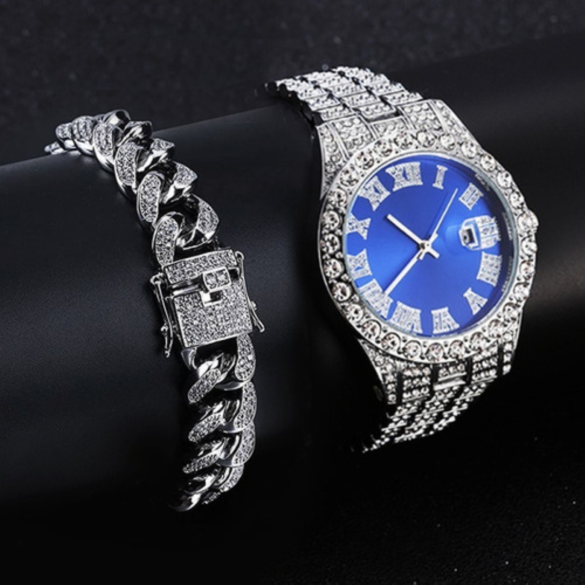 "Reloj De Pulsera De Lujo Con Diamantes Y Brazalete, Unisex Azul Plata " image number null