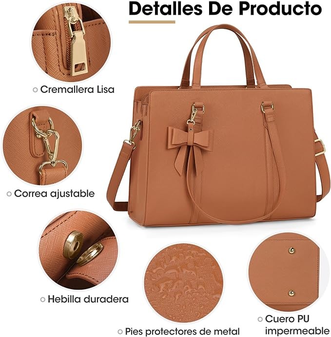 A Bolsas de mujer para Laptop 15.6 Pulgadas Maletin para laptop mujer Impermeable Tote bag mujer de Gran Capacidad Portafolios para mujer Negra, Marr&oacute;n. image number null