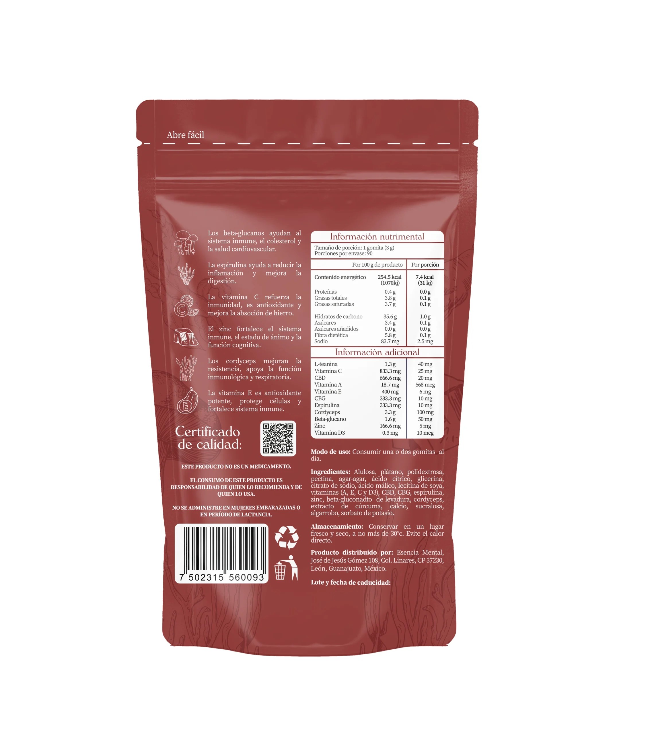 Gomitas "Protecci&oacute;n Activa" con Betaglucano, Espirulina, Vitamina C, Zinc y m&aacute;s | Esencia Mental image number null