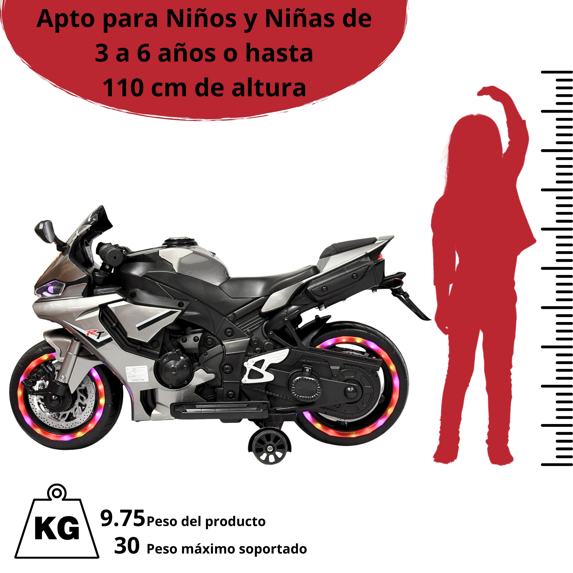 Moto Montable El&eacute;ctrica para Ni&ntilde;os Luces Led Sonido y Freno Bater&iacute;a 12v- Gris image number null