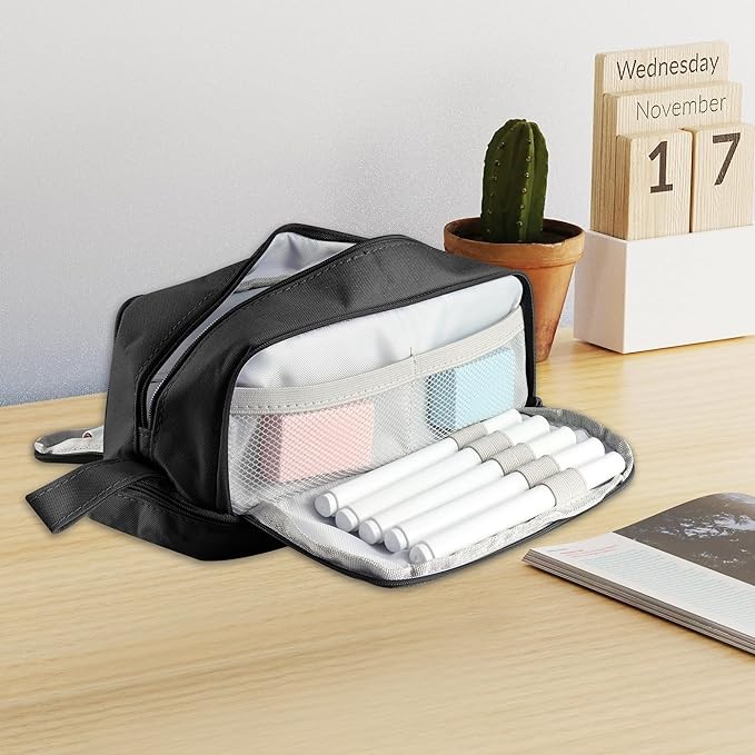 AZULDIMEN Estuche para l&aacute;pices de gran capacidad con 4 compartimentos, estuche para l&aacute;pices con m&uacute;ltiples ranuras, organizador de papeler&iacute;a para el trabajo de oficina escolar (Negro). image number null