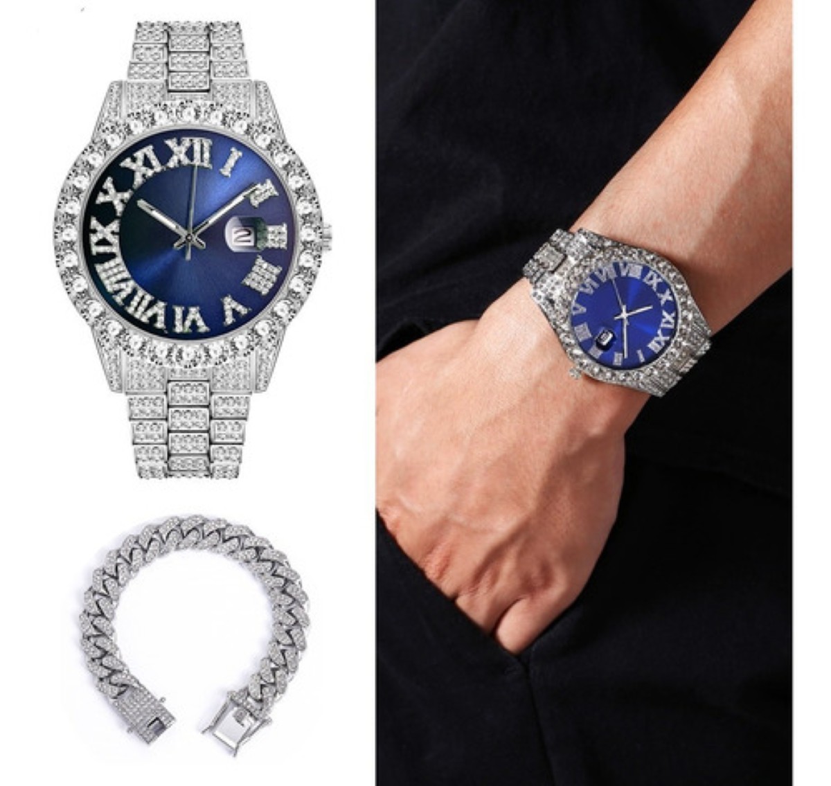 "Reloj De Pulsera De Lujo Con Diamantes Y Brazalete, Unisex Azul Plata " image number null