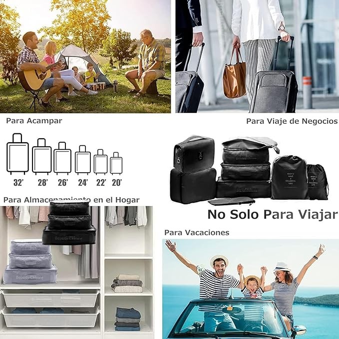 A Cooseon 9pcs Organizadores Viaje Maleta Bolsa Almacenamiento Maleta Packing Cubes Compression Bolsitas Guardar Ropa Maletas Viaje para Ropa Zapatos Lentes Joyeria Brasier Cosm&eacute;ticos Accesorios, Negro. image number null