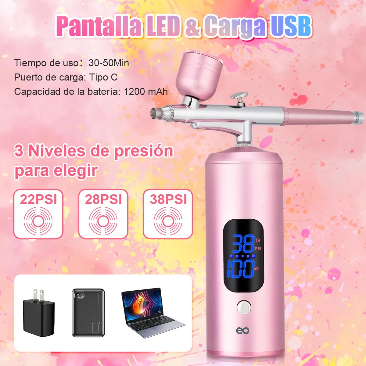 Kit Aer&oacute;grafo Compresor De Aire Portatil Profesional Recargable Rosa image number null