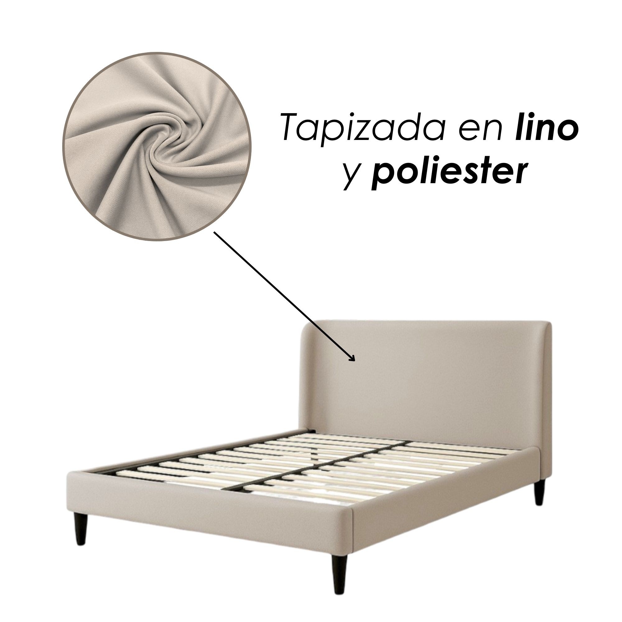 Ilios Innova | Cama Matrimonial Beige con Cabecera Tapizada en Lino y Poli&eacute;ster | Estructura de Madera Resistente image number null