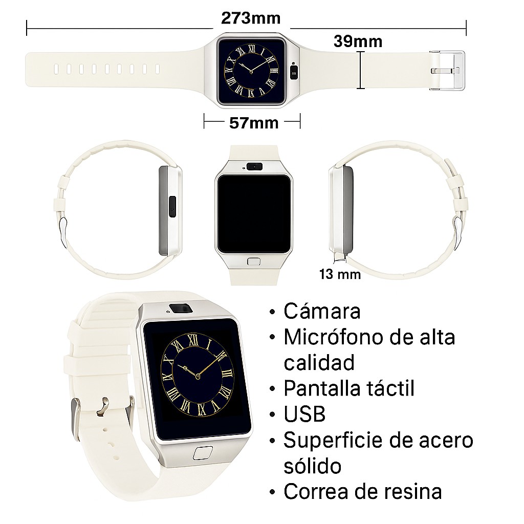 Smartwatch Dz09 Con Bluetooth, C&aacute;mara, Cronometro, Llamadas - Reloj Inteligente Blanco image number null