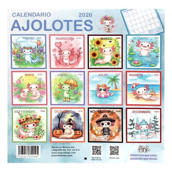 Calendario Planeador Pared 2026 Ajolotes Flink Grande Espacio Notas Dise&ntilde;o mexicano image number null