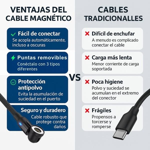 Cable Magn&eacute;tico 3 en 1 con LED y Conector Giratorio 540&deg; &ndash; Pack 2 Piezas image number null