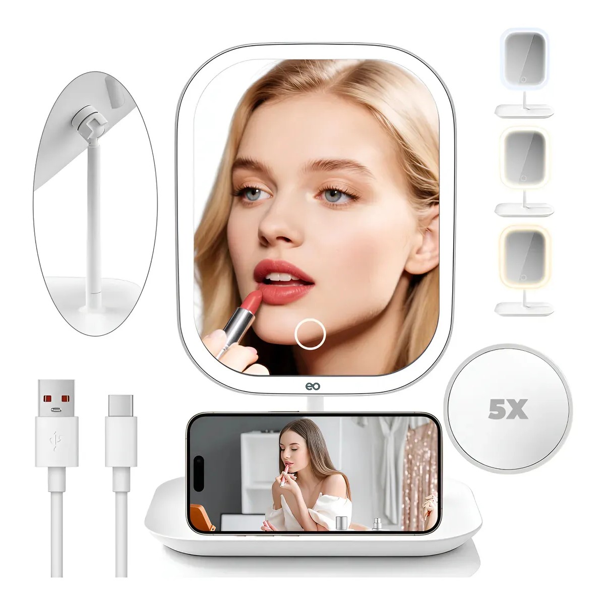 Espejo Para Maquillaje Con Luz Recargable Usb Lupa 5 Veces Rectangular Blanco image number null