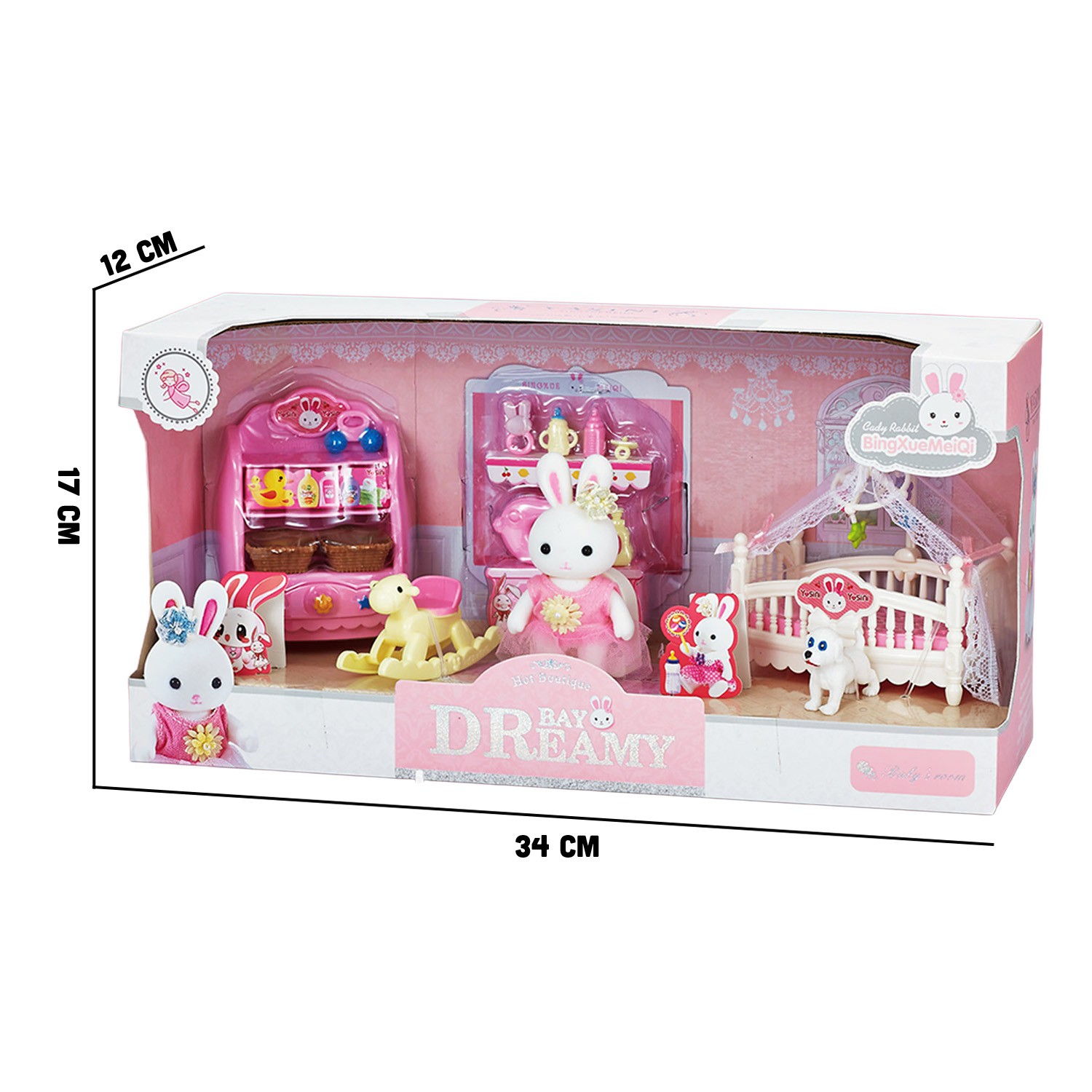 Juguete Casa de Mu&ntilde;ecas Set de Beb&eacute; Conejito con Cuna, Caballito Mecedor, Accesorios y Figuras Incluidas image number null