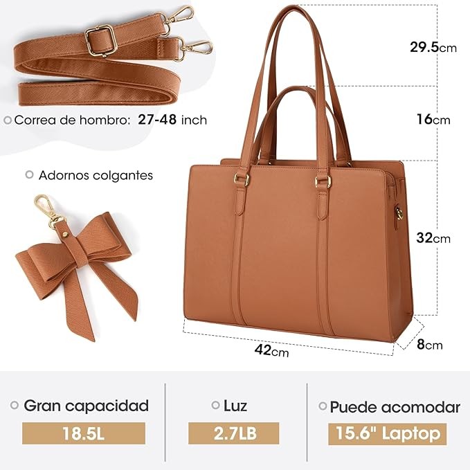 A Bolsas de mujer para Laptop 15.6 Pulgadas Maletin para laptop mujer Impermeable Tote bag mujer de Gran Capacidad Portafolios para mujer Negra, Marr&oacute;n. image number null