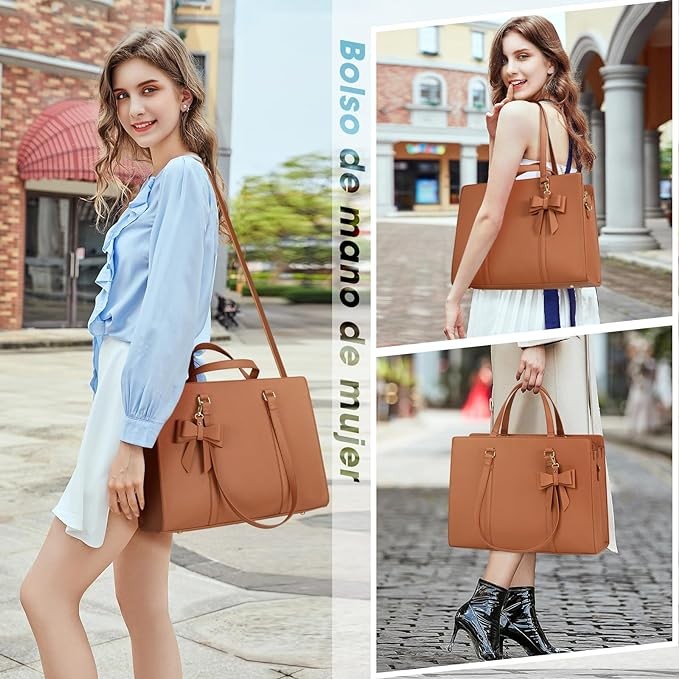 A Bolsas de mujer para Laptop 15.6 Pulgadas Maletin para laptop mujer Impermeable Tote bag mujer de Gran Capacidad Portafolios para mujer Negra, Marr&oacute;n. image number null