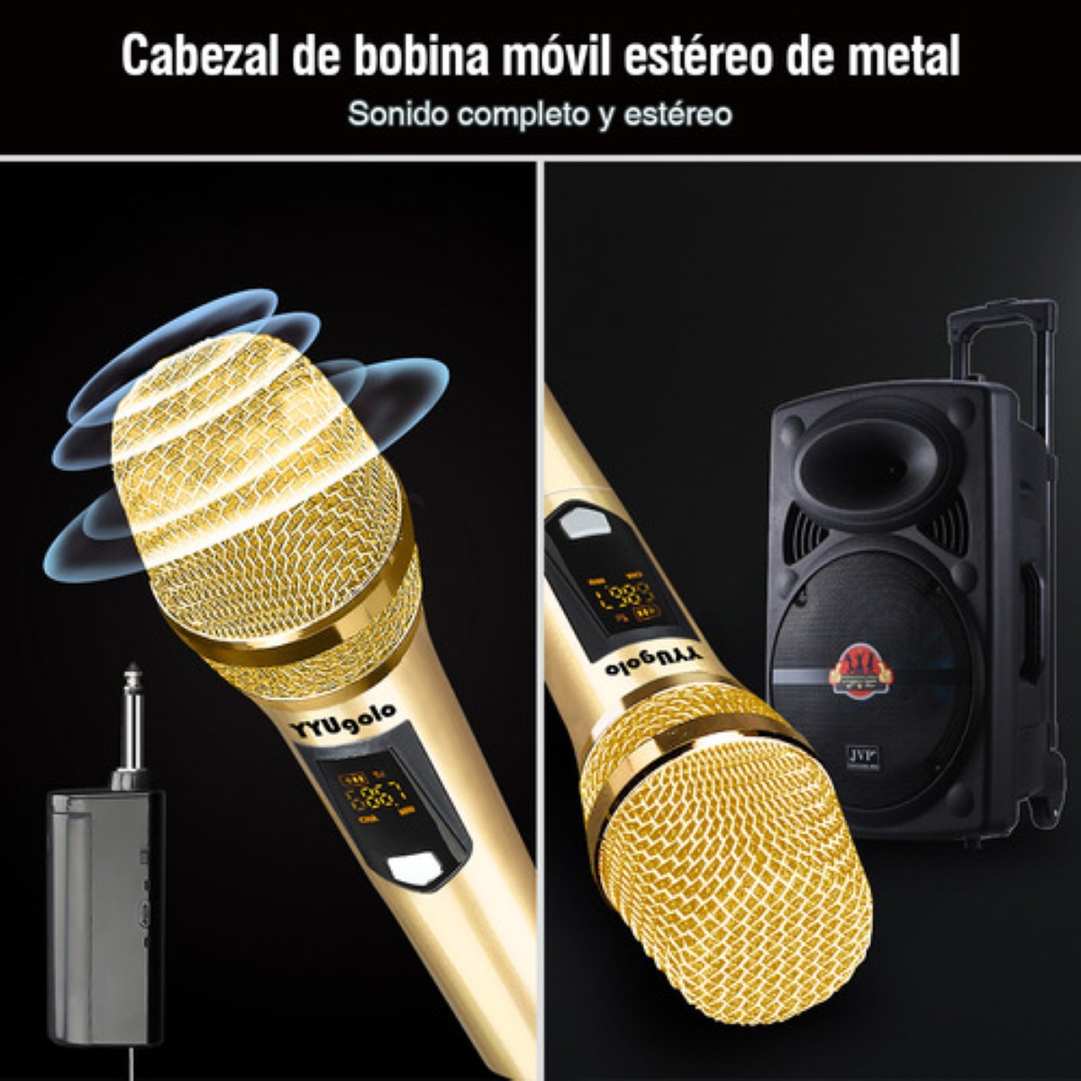 "YYUgolo MIC 402 Micr&oacute;fono Inal&aacute;mbrico Profesional Karaoke Kit 2pcs Color Oro " image number null