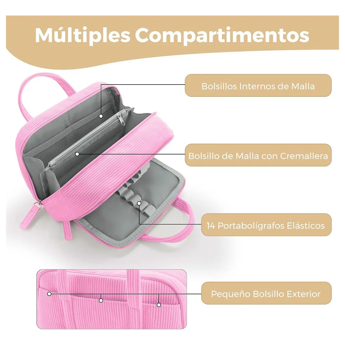 Lapicera 5 Capa De Gran Capacidad Estuches Escolares De Pana Color Rosa image number null