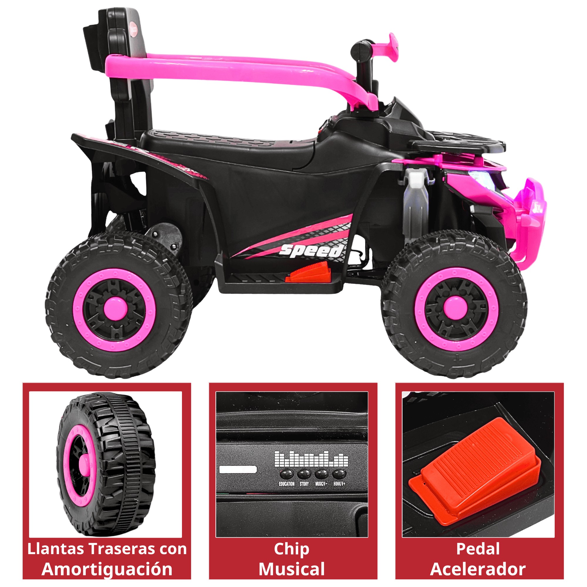 Montable Electrico para Ni&ntilde;os H&iacute;brido con Bast&oacute;n Dirigible Pedal Acelerador Barras de Seguridad Luces Bater&iacute;a 6v - Rosa image number null